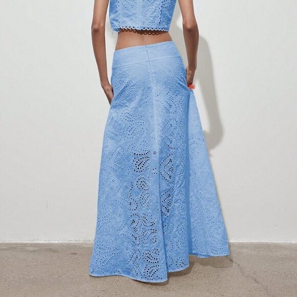 Blue Elegant Women's Floral Hollow Out Full Embroidery A-Line Maxi Skirt - Picture 9 of 11